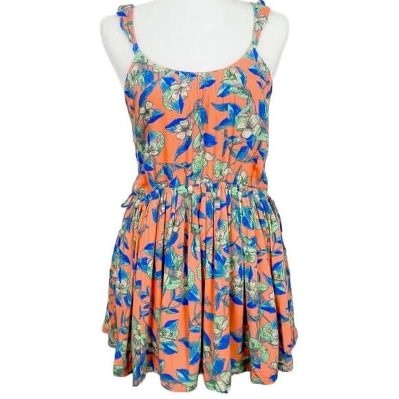 Free People Dresses & Skirts - NWT free people Orange Floral Ruffle Straps Pleated Skirt Mini Dress Size XS